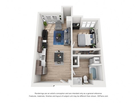Floor plan for 1 bed, 1 bath, 673 sqft